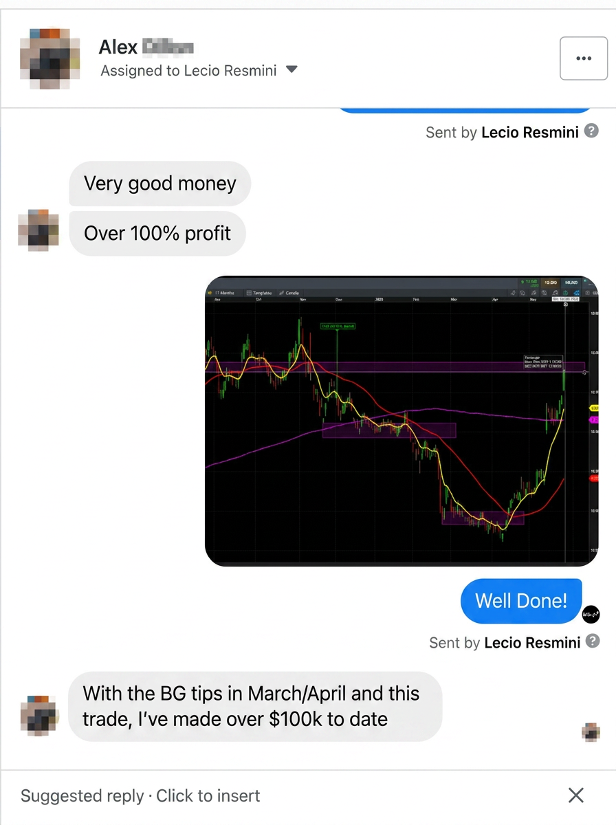 Alex, BG Trading VIP member, chat showing over $100k profit from March/April BG tips
